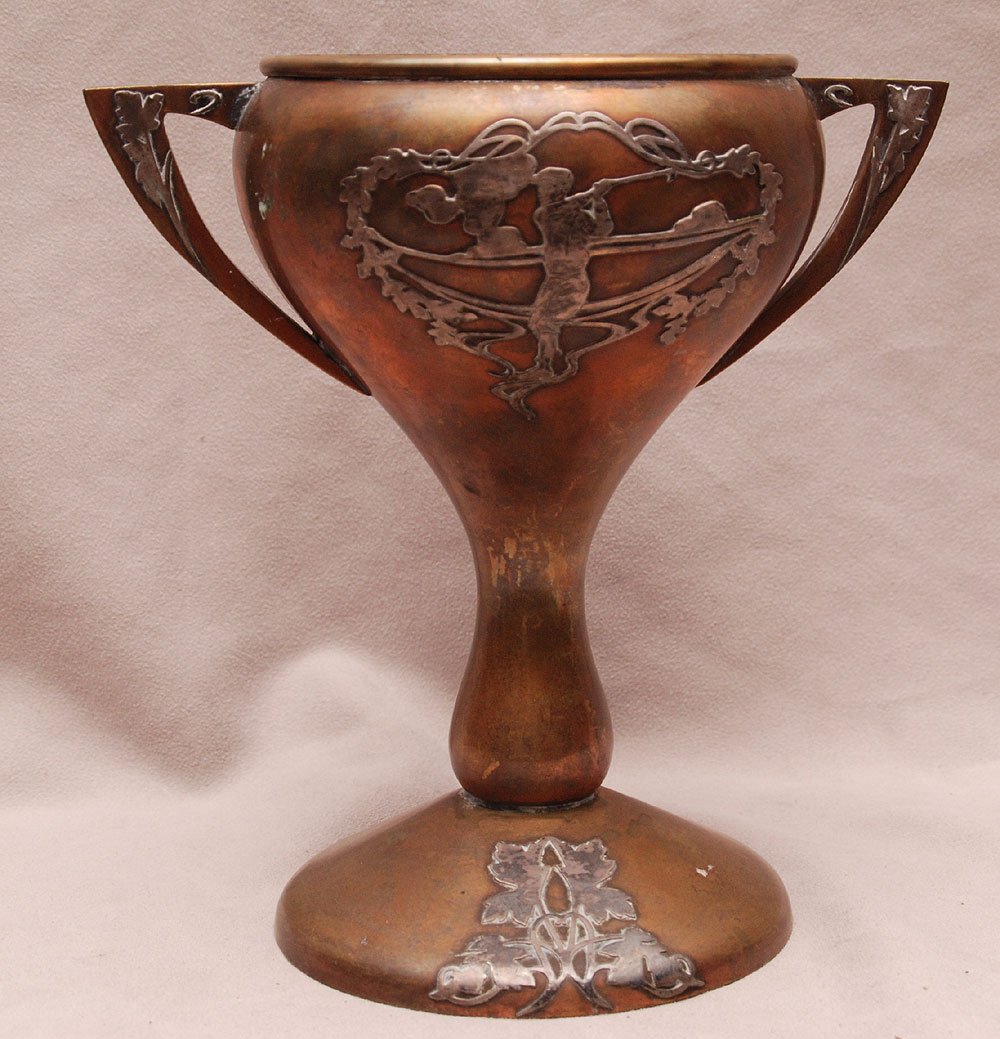 Mixed metal silver on copper gold trophy, 8"h x 8"w (go: Mixed metal silver on copper gold trophy, 8"h x 8"w (good condition)