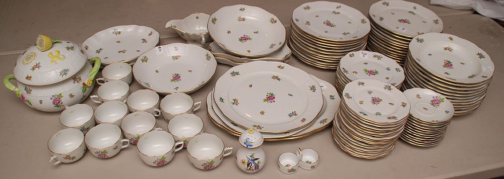 Herend dinner service commemorating the 100th year (186: Herend dinner service commemorating the 100th year (1864) of the founding of Herend "Eton" pattern (several chips), incl; 24 dinner plates, 12 plates (7 1/" dia.), 18 plates (6 1/2"dia.), 12 soups, 12