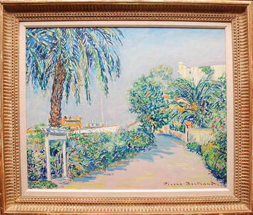 Pierre Philippe Bertrand (1884-1975) "Paysage St. Margu: Pierre Philippe Bertrand (1884-1975) "Paysage St. Marguerite Cannes" Oil on canvas Depicts coastal scene with sailboat and palms. H. 20" X W. 23" Signed lower right "Pierre Bertrand" Framed in a gilt