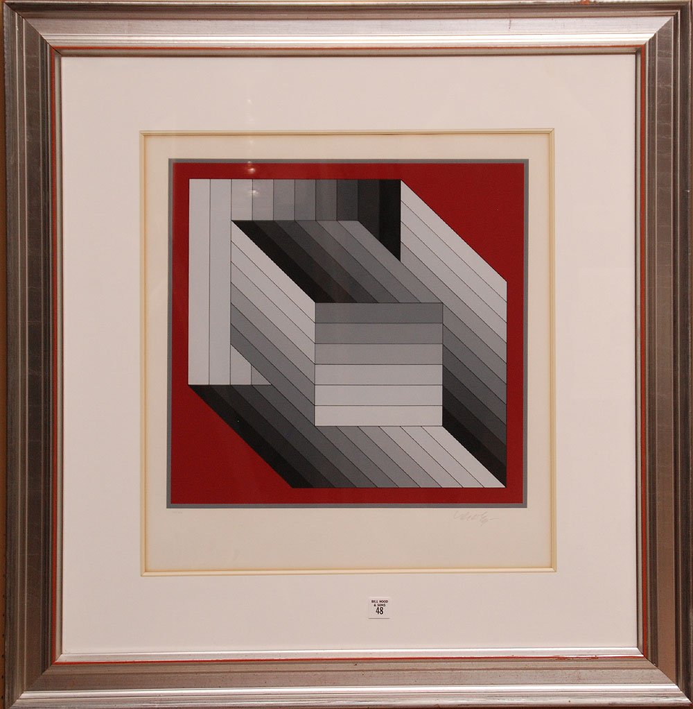Victor Vasarely (French/Hungarian, 1906-1997) red & gra: Victor Vasarely (French/Hungarian, 1906-1997) red & gray cubes Lithograph, pencil signed Vasarely (lower right) numbered 148/200, sight 21-1/2" x 19-1/2"
