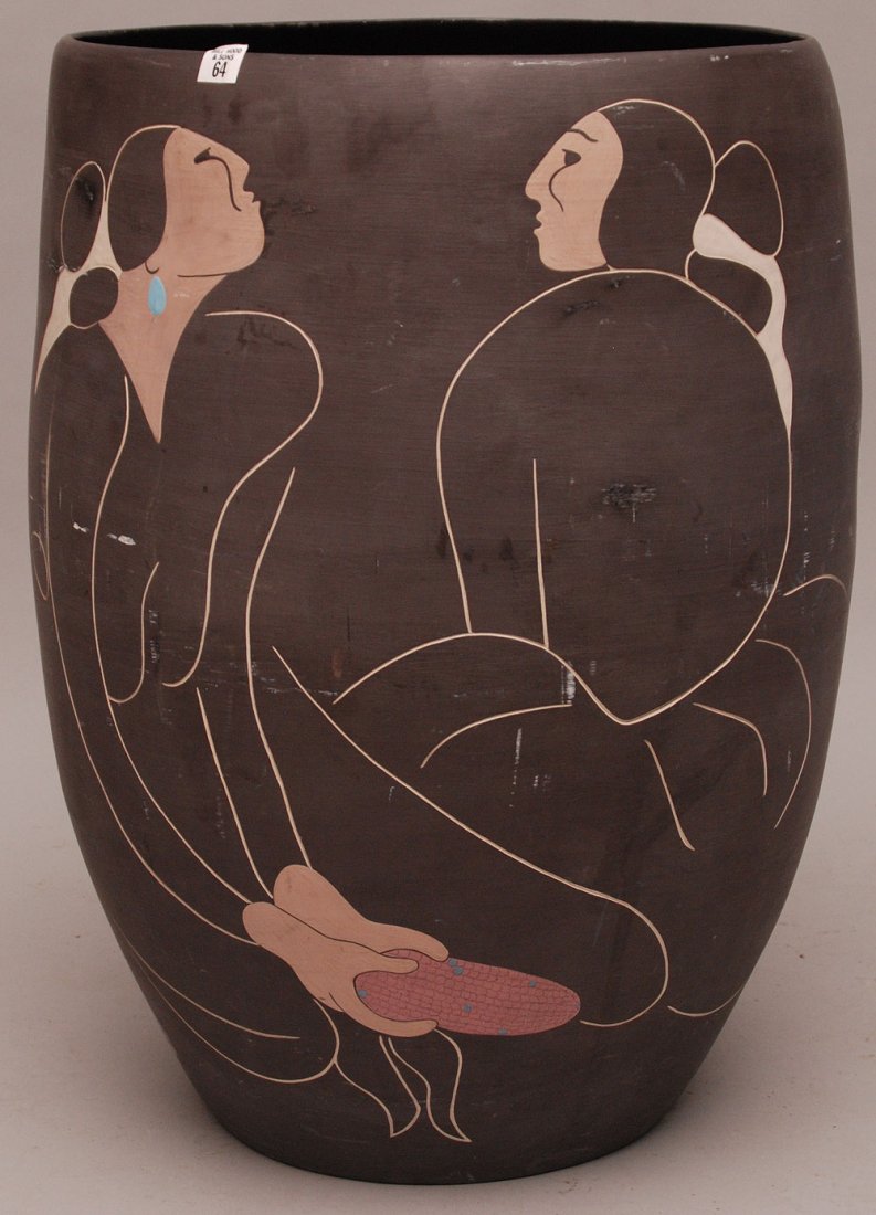 Gorman R. C. (1931-2005), Native American, Navajo. Huge: Gorman R. C. (1931-2005), Native American, Navajo. Huge Low Edition Art Work, Pottery Urn/Vase. Signed on bottom R. C. Gorman, 70/70. Titled "Trilogy" 26 1/4" H x 18" W. Acquired from the Navajo Galle