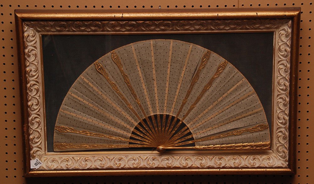 Art Nouveau lace fan in lovely shadow box frame, 21"h x: Art Nouveau lace fan in lovely shadow box frame, 21"h x 33"w