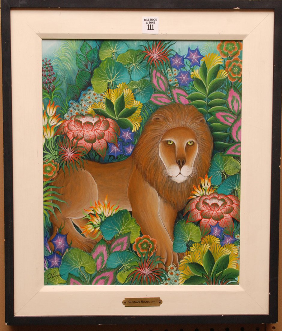 Gustavo Novoa (CHILEAN, 1941) oil on panel, Lion in Jun: Gustavo Novoa (CHILEAN, 1941) oil on panel, Lion in Jungle, 16" x 13"