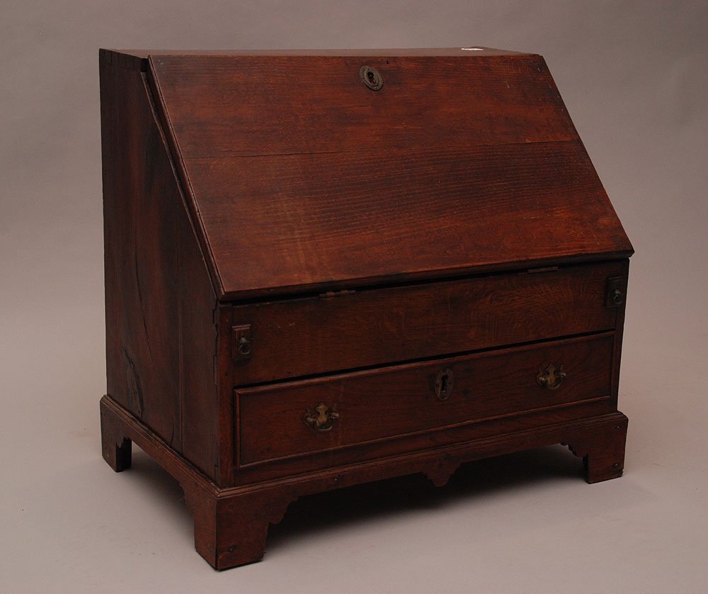 Rare Georgian child's desk, appears to be oak & pine se: Rare Georgian child's desk, appears to be oak & pine secondary wood, drop front with fitted interior over single drawer, 23 5/8"h x 25"w x 15 1/2"d