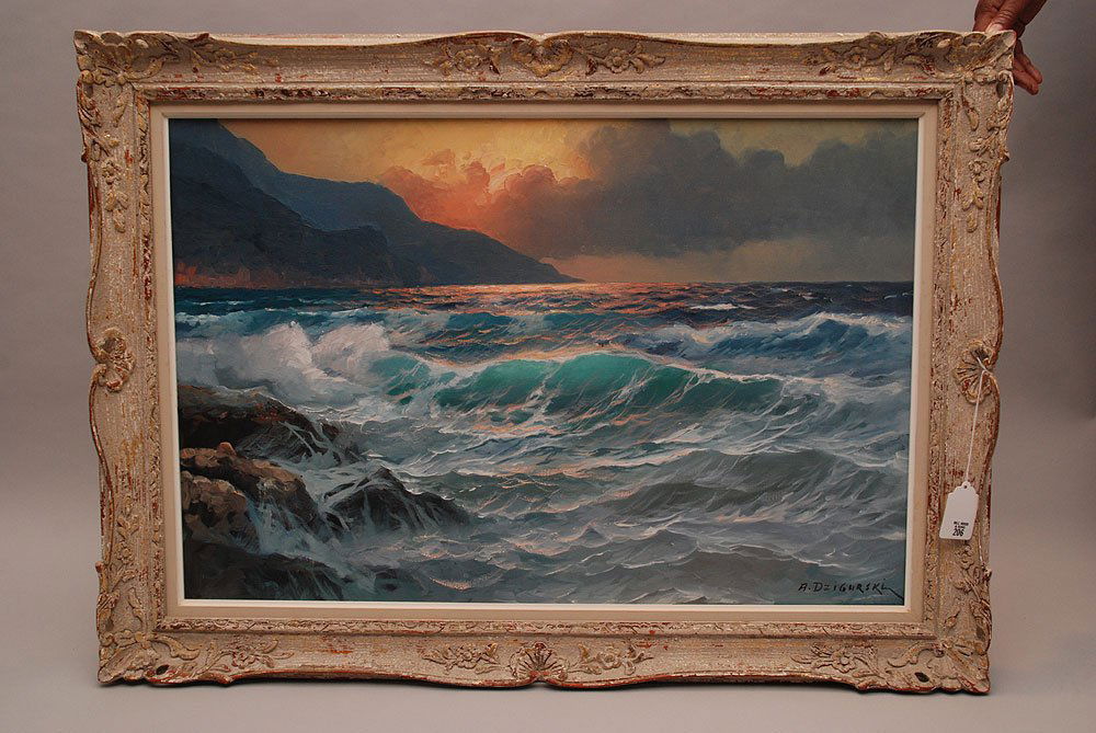 Alexander Dzigurski (AMERICAN/YUGOSLAVIAN, 1911-1995) o: Alexander Dzigurski (AMERICAN/YUGOSLAVIAN, 1911-1995) oil on canvas, Sunset Ocean Waves, 24" x 36"