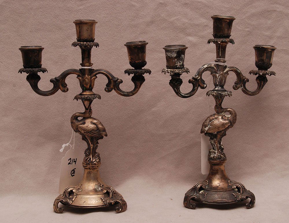 Pair (possibly 18th c.) Continental 3 lite silver plate: Pair (possibly 18th c.) Continental 3 lite silver plate candelabra with crane supports, 10"h