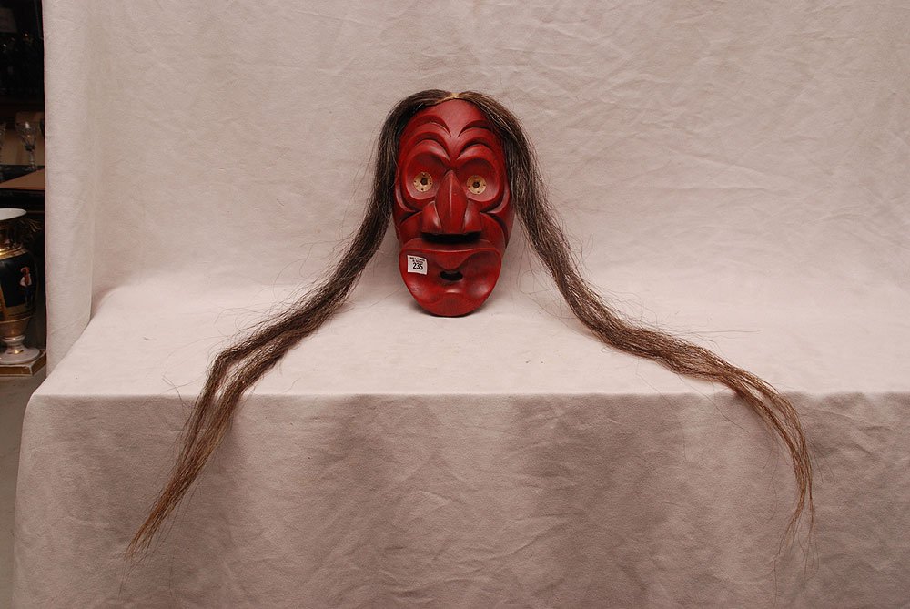 False Vintage Iroquois Face Mask by renown Artist Gene : False Vintage Iroquois Face Mask by renown Artist Gene Thomas (1958- ), Onondaga Nation. Signed. Titled "Door Keeper". Real horse tail hair w/ tin eyes. Open nostrils, mouth protruded & red pigmentati