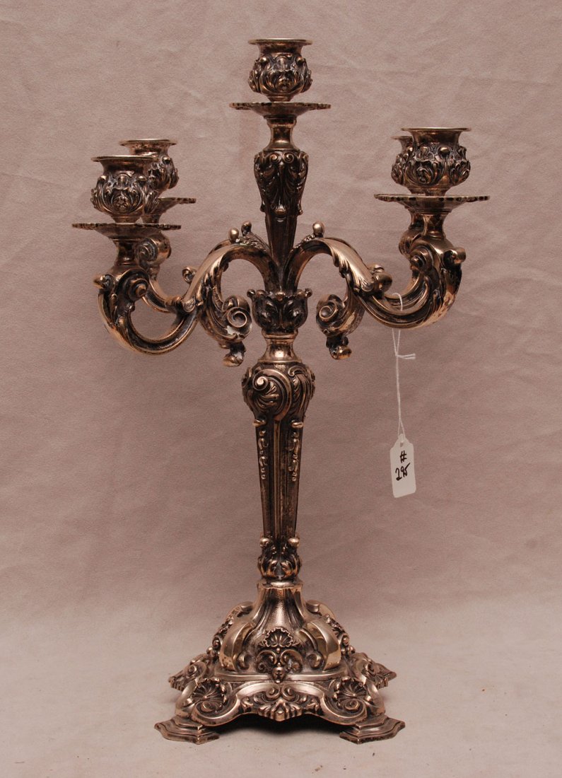 5 branch silver plated candelabra, heavily decorated, 1: 5 branch silver plated candelabra, heavily decorated, 17 1/2"h x 13"w