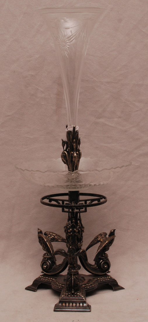 Unusual English silver plated epergne with 3 bird suppo: Unusual English silver plated epergne with 3 bird supports, ca. 1900, 22"h x 8 1/2"w