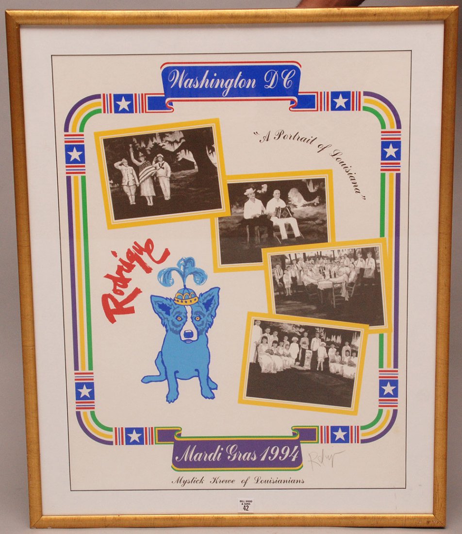 GEORGE RODRIGUE (AMERICAN, b. 1944) Mardi Gras 1994: GEORGE RODRIGUE (AMERICAN, b. 1944) Mardi Gras 1994 "Washington DC" hand signed Poster, overall framed 32" x 26"
