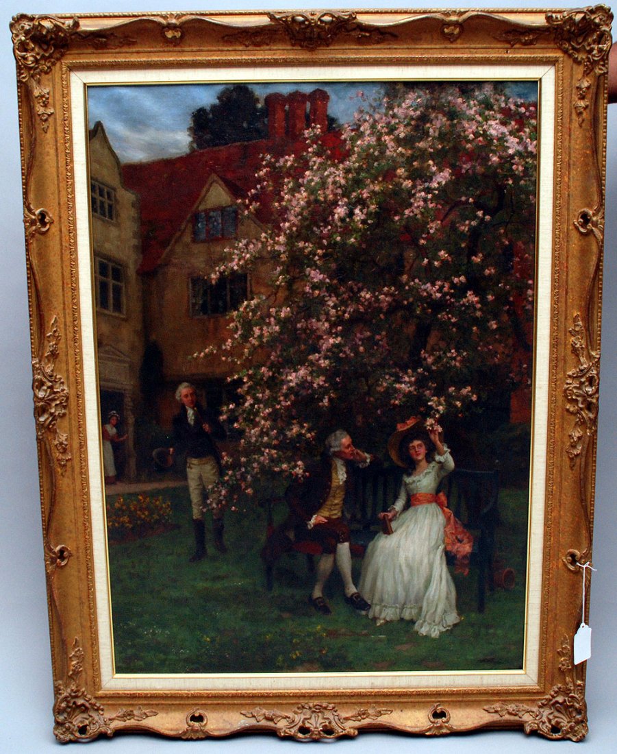 British School Signed G. Wood, late 19th/early 20th: British School Signed G. Wood, late 19th/early 20th century, oil on canvas, Courting Scene, man and woman seated on bench, 41" x 31-1/2"