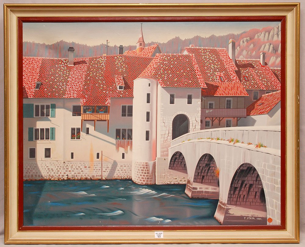 Foussa Itaya, (Japanese/French, 1919- ) The old bridge: Foussa Itaya, (Japanese/French, 1919- ) The old bridge on the river Ill at Strasbourg, Oil/Canvas, 25-1/2" x 32", signed lower right dated '60, Craquelure in bottom half of the painting.