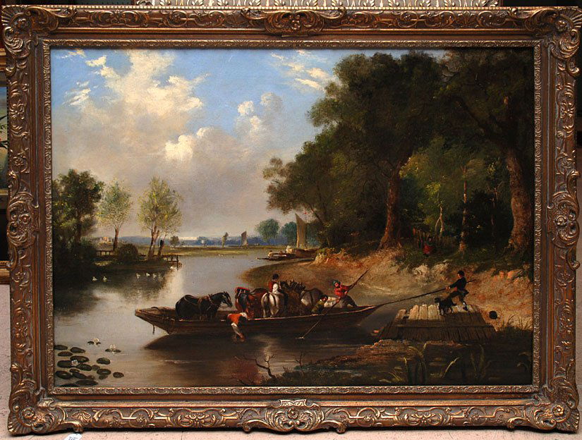 Thomas Creswick (BRITISH, 1811-1869) oil on canvas,: Thomas Creswick (BRITISH, 1811-1869) oil on canvas, "Ferry Boat Landing" no visible signature, 30"x40".