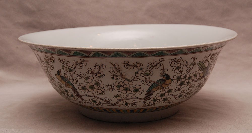 2 Chinese bowls (1) bats and peaches (1) birds and: 2 Chinese bowls (1) bats and peaches (1) birds and peaches, 3'h x 7"w