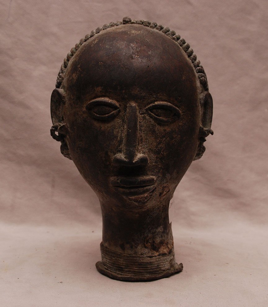 African bronze ceremonial head, 19th c.: African bronze ceremonial head, 19th c.