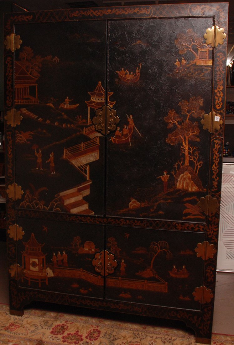 Maitland Smith chinoiserie cabinet, upper & lower: Maitland Smith chinoiserie cabinet, upper & lower sections