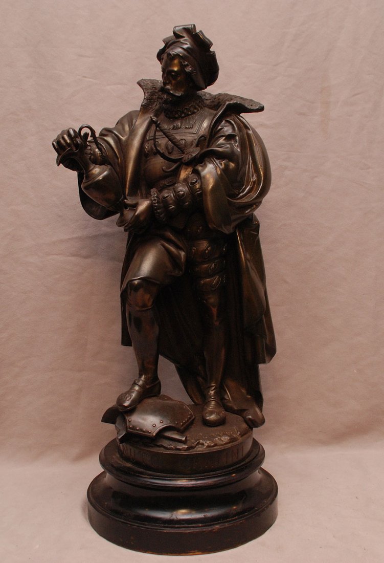 A. Carrier white metal Sculpture, "Benvenuto Cellini",: A. Carrier white metal Sculpture, "Benvenuto Cellini", overall height is 24"