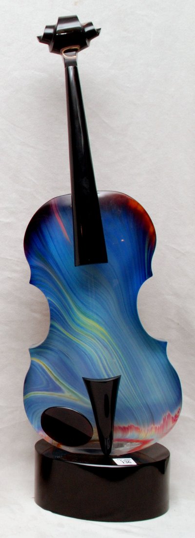Dino Rosin (1948-) Italian Glass Violin. Multicolored: Dino Rosin (1948-) Italian Glass Violin. Multicolored Agate Like Calcedonia Glass with Clear Front and Black Glass Base, signed with a circular glass seal: "MURANO VENICE STUDIO", 27"h overall, violin