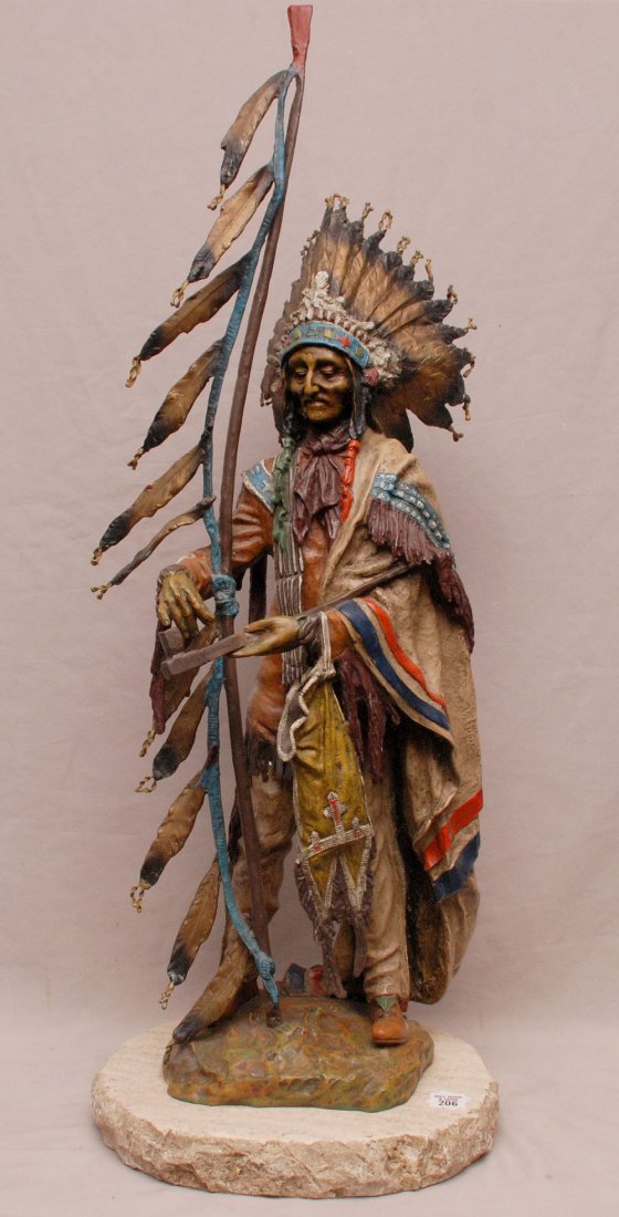 Carl Kauba (Austria 1865 - 1922) Bronze polychromed: Carl Kauba (Austria 1865 - 1922) Bronze polychromed Indian Sculpture, 32" tall