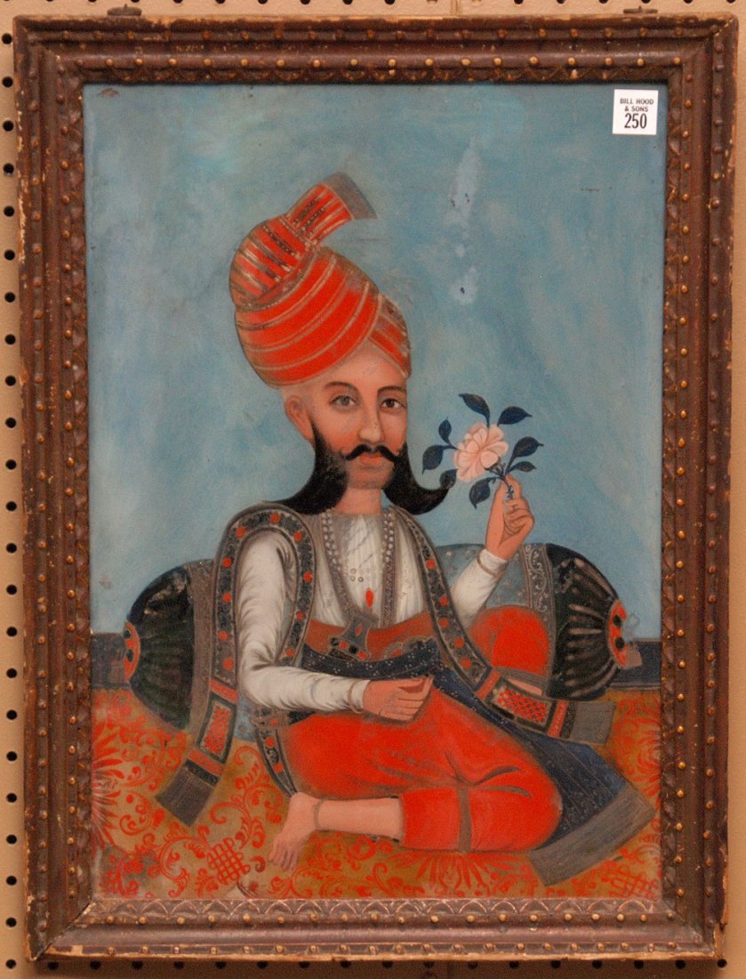 Antique reverse painting on glass, School of Mughal: Antique reverse painting on glass, School of Mughal painting, in antique frame, some flaking, approx. 22" x 17"