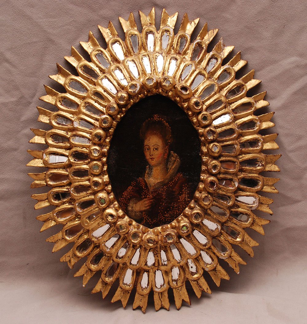 Spanish Colonial portrait with intricate mirrored: Spanish Colonial portrait with intricate mirrored frame, 19th c, 14 1/2"h x 12"w (some wear)