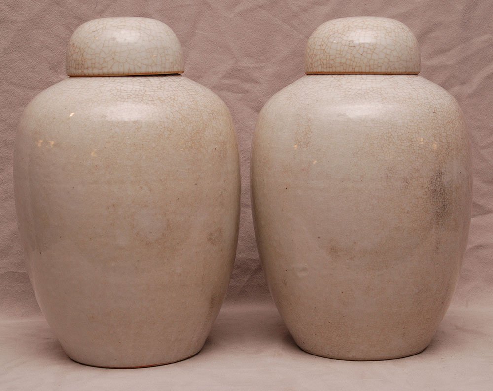Pair large covered ginger jars with craquelure, 11: Pair large covered ginger jars with craquelure, 11 1/2"h