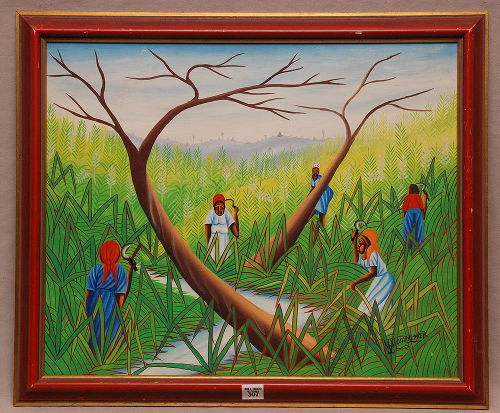 M.Mompremier Haitian 20th Century, oil on board, woman: M.Mompremier Haitian 20th Century, oil on board, woman in the fields, 16" x 19"