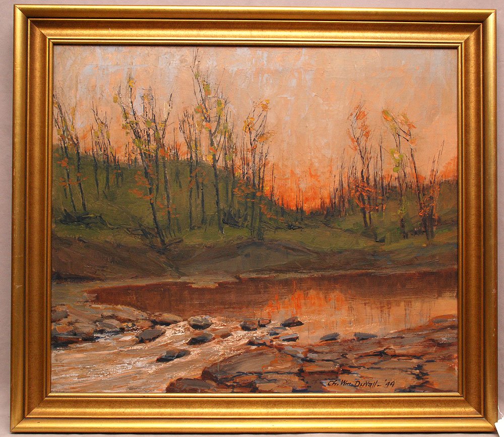 Charles William Duvall (1865-1966) Sunset with Stream,: Charles William Duvall (1865-1966) Sunset with Stream, Oil on canvas, Signed and dated '44 lower right. Dimensions: h: 23.75 x w: 27.5 in.