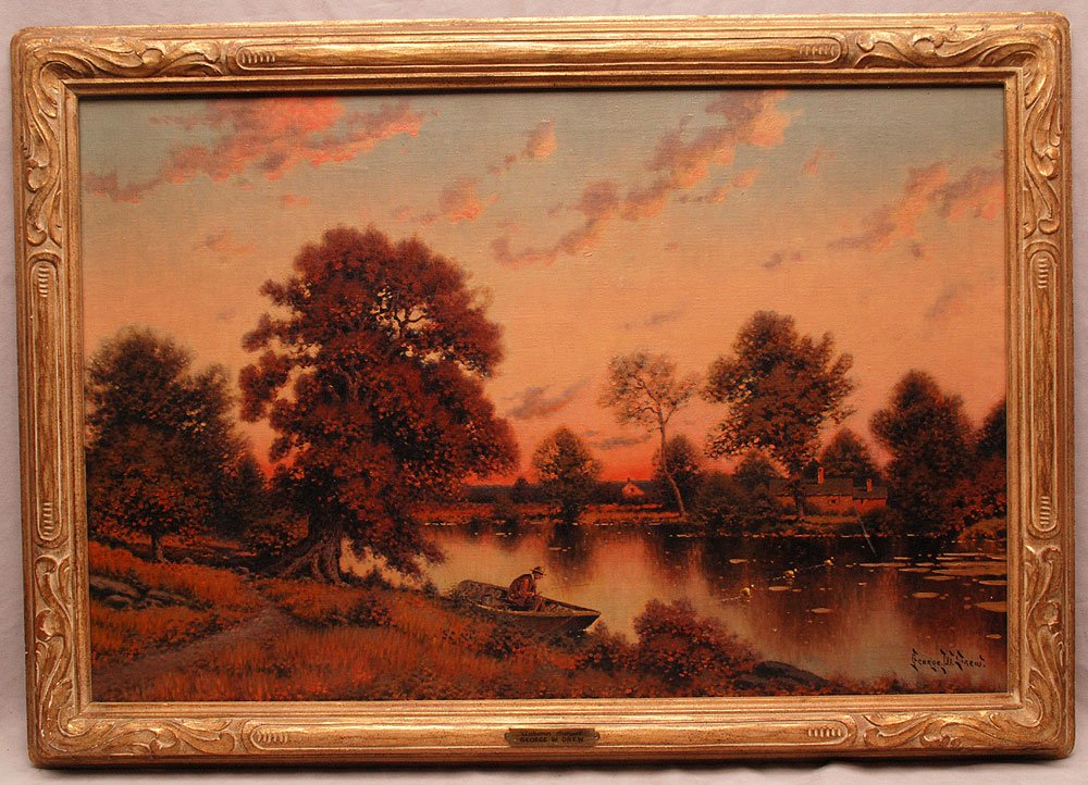 DREW, George W., (American, 1875-1968): ''Autumn: DREW, George W., (American, 1875-1968): ''Autumn Sunset'', depicts fisherman in a serene country river landscape with homes in the distance, Oil/Canvas, 20'' x 30'', signed lower right, encased in a c