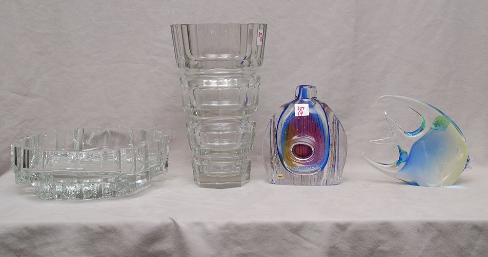 4 paces. Modern glass, inch; (1) Murano fish, signed V.: 4 paces. Modern glass, inch; (1) Murano fish, signed V. Nason, 7"h (2) Kosta vase, Sweden, 7 3/4"h (3) cut and polished panels form vase, 12"h (4) shallow bowl, signed illegible (some scratches)