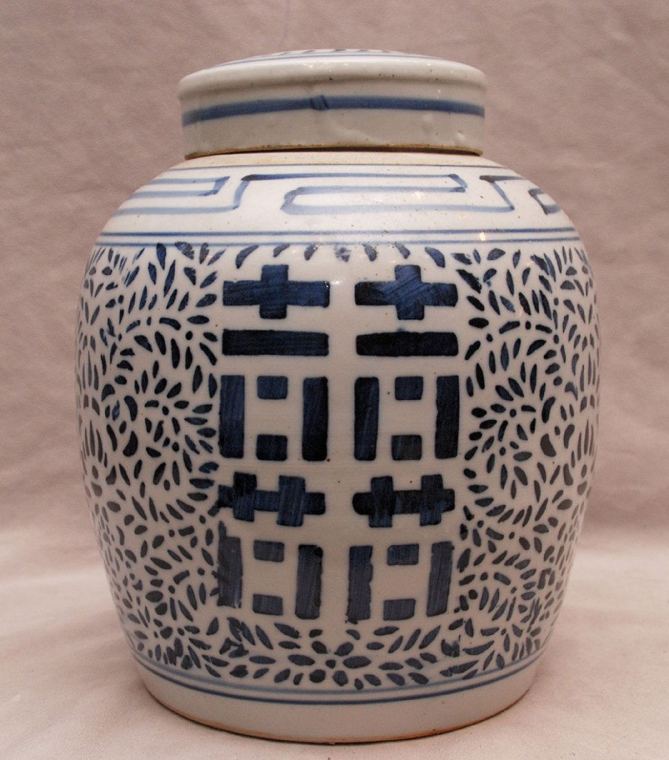 Blue & white covered ginger jar and covered urn with: Blue & white covered ginger jar and covered urn with hand painted panels