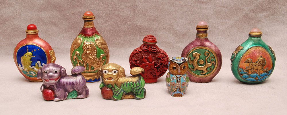 5 oriental scent bottles in original boxes (2 1/2"h to: 5 oriental scent bottles in original boxes (2 1/2"h to 3 1/2"h) and 2 mini foo dogs and owl