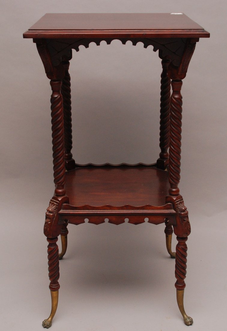 Mahogany 2 tier occasional table/plant stand, spiral: Mahogany 2 tier occasional table/plant stand, spiral turned legs with masks, ending in brass ball & claw feet, 33 3/8"h x 18"square