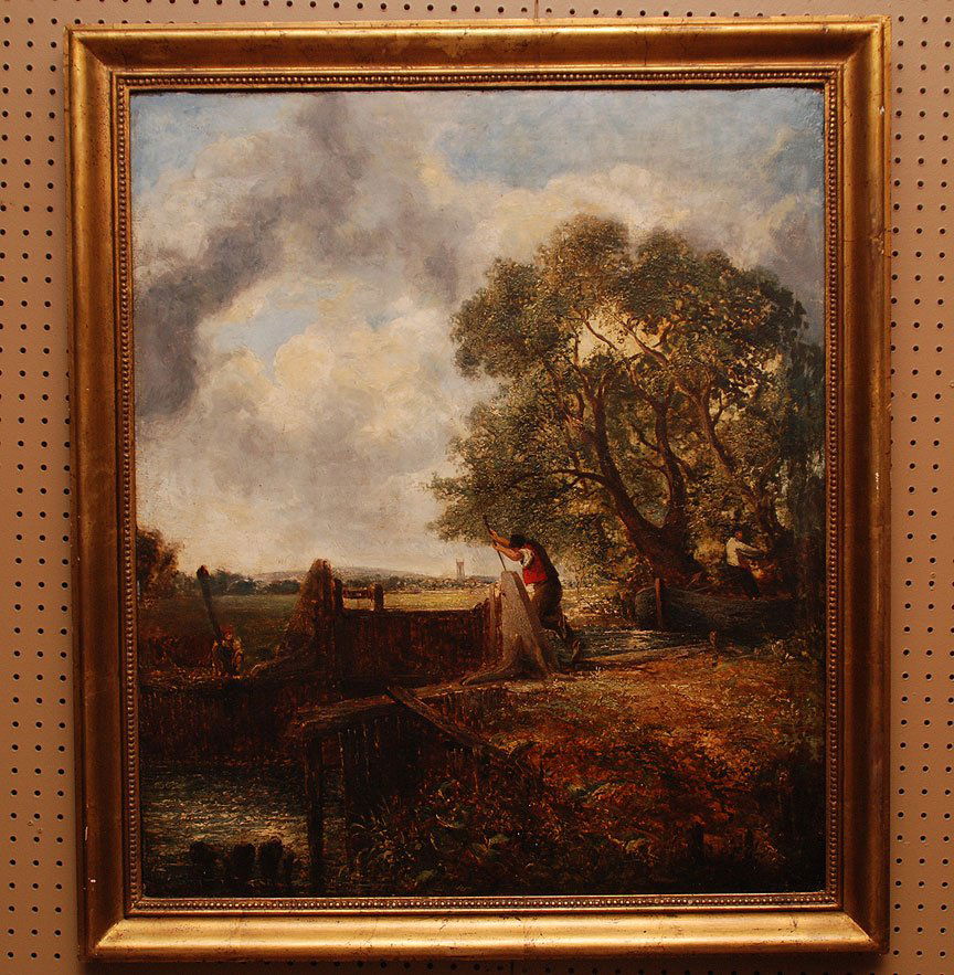 JOHN CONSTABLE, British 1776 -1837, attributed, “The: JOHN CONSTABLE, British 1776 -1837, attributed, “The Lock”, oil on very old lined canvas 29 1/2” x 34 3/4", with a signature lower right, appears to be period paint, stretcher and vintage hardwo