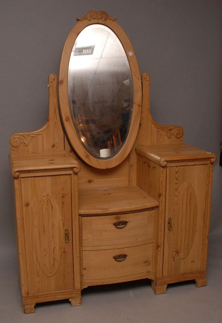 Pine vanity with swing mirror and 2 doors flanking 2: Pine vanity with swing mirror and 2 doors flanking 2 center drawers