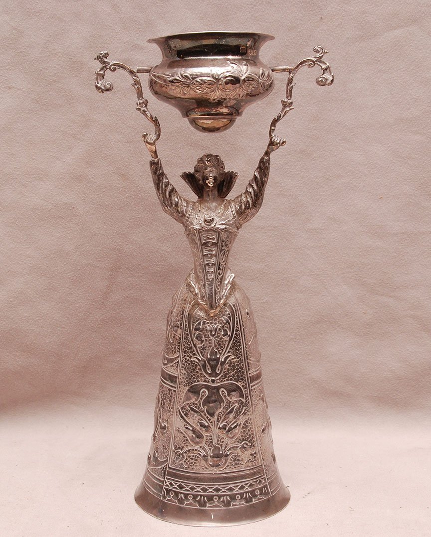 English sterling wedding cup, ornately dressed bell: English sterling wedding cup, ornately dressed bell form female, 10 1/4"h