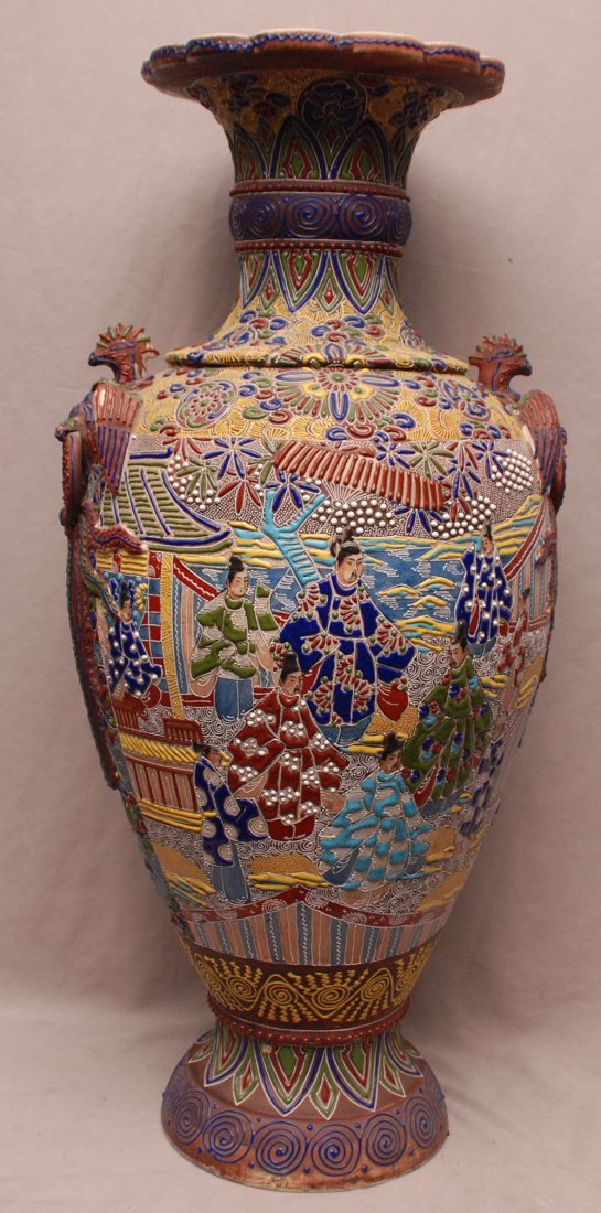 Japanese Moriage Satsuma large temple jar, 31"h x 13"w