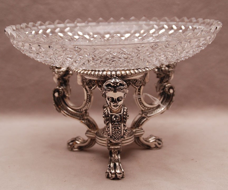 Early centerpiece, silver plated and glass with figural: Early centerpiece, silver plated and glass with figural base (very good condition)
