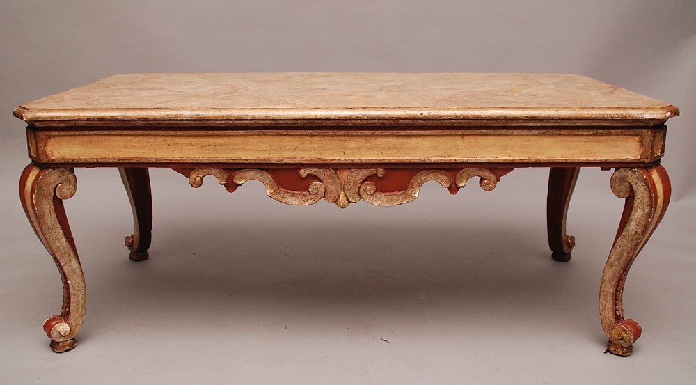 Italian hand painted cocktail table with faux painted: Italian hand painted cocktail table with faux painted marble top, 21"h x 52"w x 26"d (very good condition)