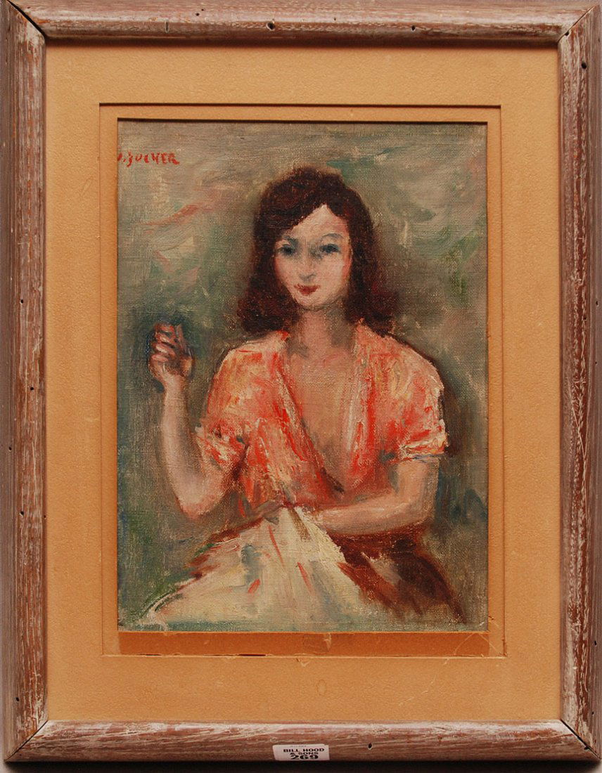 Jacques Zucker (USA, 1900-1981). Well Listed: Jacques Zucker (USA, 1900-1981). Well Listed Post-Impressionist American Artist. "Girl Mending her Dress". Signed J. Zucker upper left. Oil on canvas laid on masonite. Size; 10 1/2" x 8" & 15 1/2 x 12