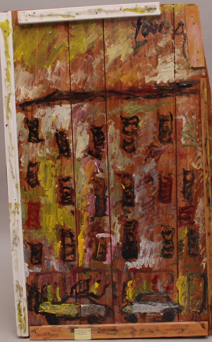 Purvis Young (USA, 1943-2010) outsider Art, mixed media: Purvis Young (USA, 1943-2010) outsider Art, mixed media assemblage; "night in overtown, Size: 39" x 24"cm).