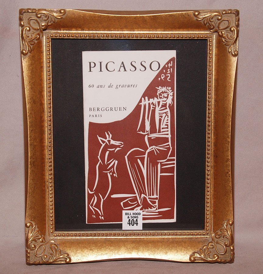PABLO PICASSO, Spanish 1881-1973, “Faune et Chevre”, or: PABLO PICASSO, Spanish 1881-1973, “Faune et Chevre”, original linoleum cut in colors 21 x 11.5 cm, framed. Created by Picasso for the cover of the 1964 catalog at Berggruen, Paris of 600 of Picass