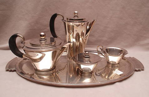 Georg Jensen tea service, 5pc, Art Deco, teapot, coffee: Georg Jensen tea service, 5pc, Art Deco, teapot, coffee pot, covered sugar, creamer and tray, 110ozt