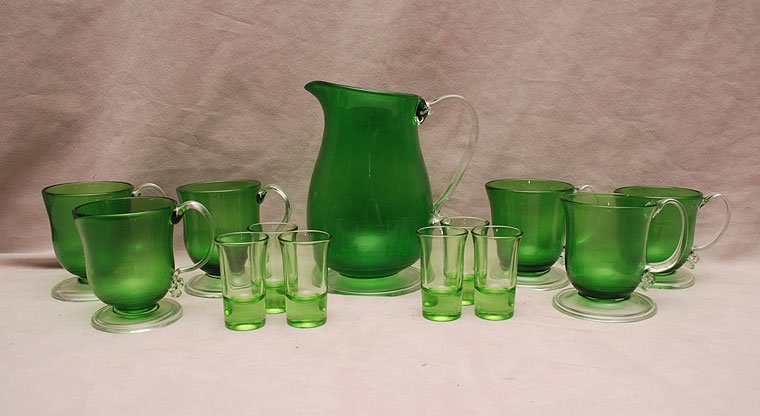Green glass pitcher (7 1/4"h), 6 glass cups AND 6 shot : Green glass pitcher (7 1/4"h), 6 glass cups AND 6 shot glasses,