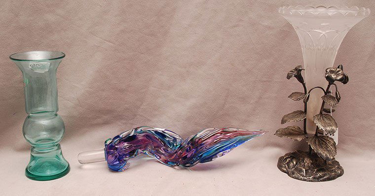 3 glass pieces Epergne, Seguso flame & Blenko vase: 3 glass pieces incl; glass epergne vase, silver over bronze (11"h), Murano art glass flame by Seguso (11"L) AND "Blenko" green vase (8 3/4"h)