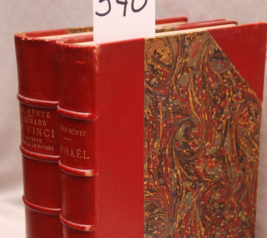 2 red leather bound books, De Vinci & Raphael, Paris 18: 2 red leather bound books, De Vinci & Raphael, Paris 1899 and 1900