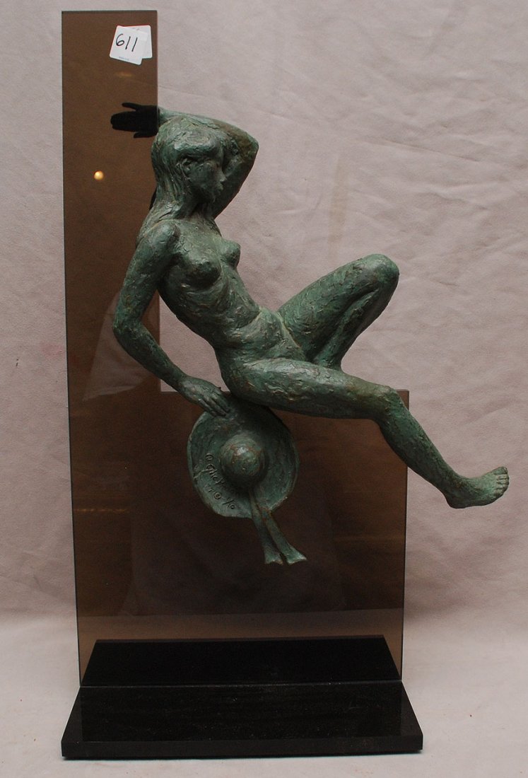 Modern composition sculpture reclining nude female, smo: Modern composition sculpture reclining nude female, smoke color acrylic stand, signed Arthur Glickman 77', 1/10, 22 5/8"h x 11"w