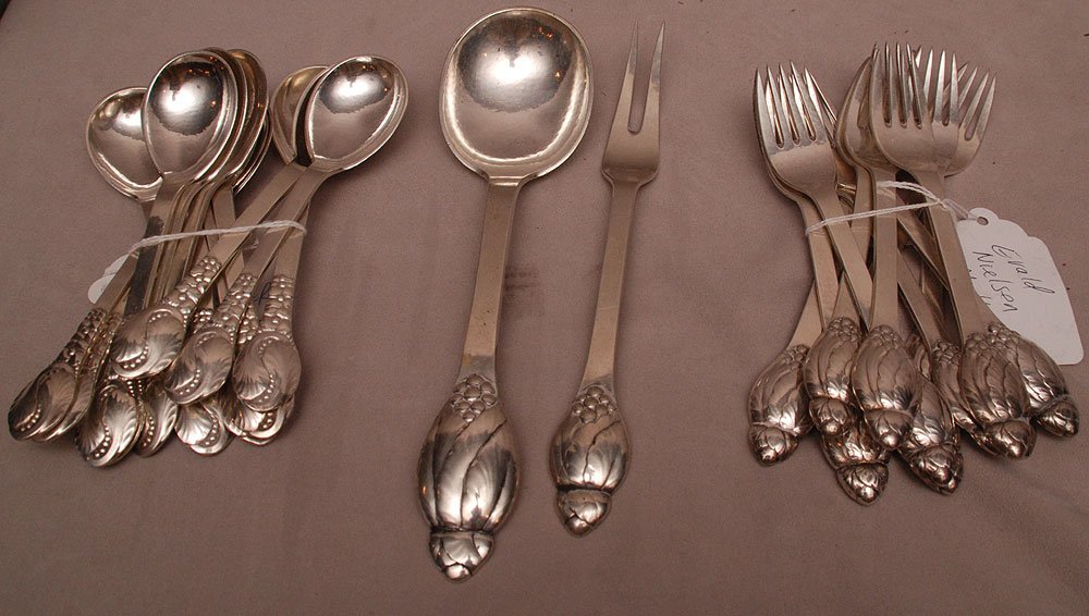 Stamped sterling flatware, incomplete, Evald Nielen, 12: Stamped sterling flatware, incomplete, Evald Nielen, 12 luncheon forks, 12 oval spoons and 2 serving pieces (830), 40ozt