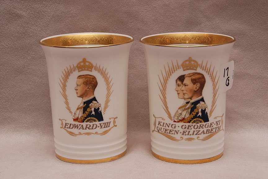 Pair of Minton figural cups; 1 is of King George VI &: Pair of Minton figural cups; 1 is of King George VI & Queen Elizabeth, crowned May 12, 1937 (4"h x 3 1/4"dia) and 1 is of Edward VII, May 12, 1937 (4"h x 3 1/4"dia)