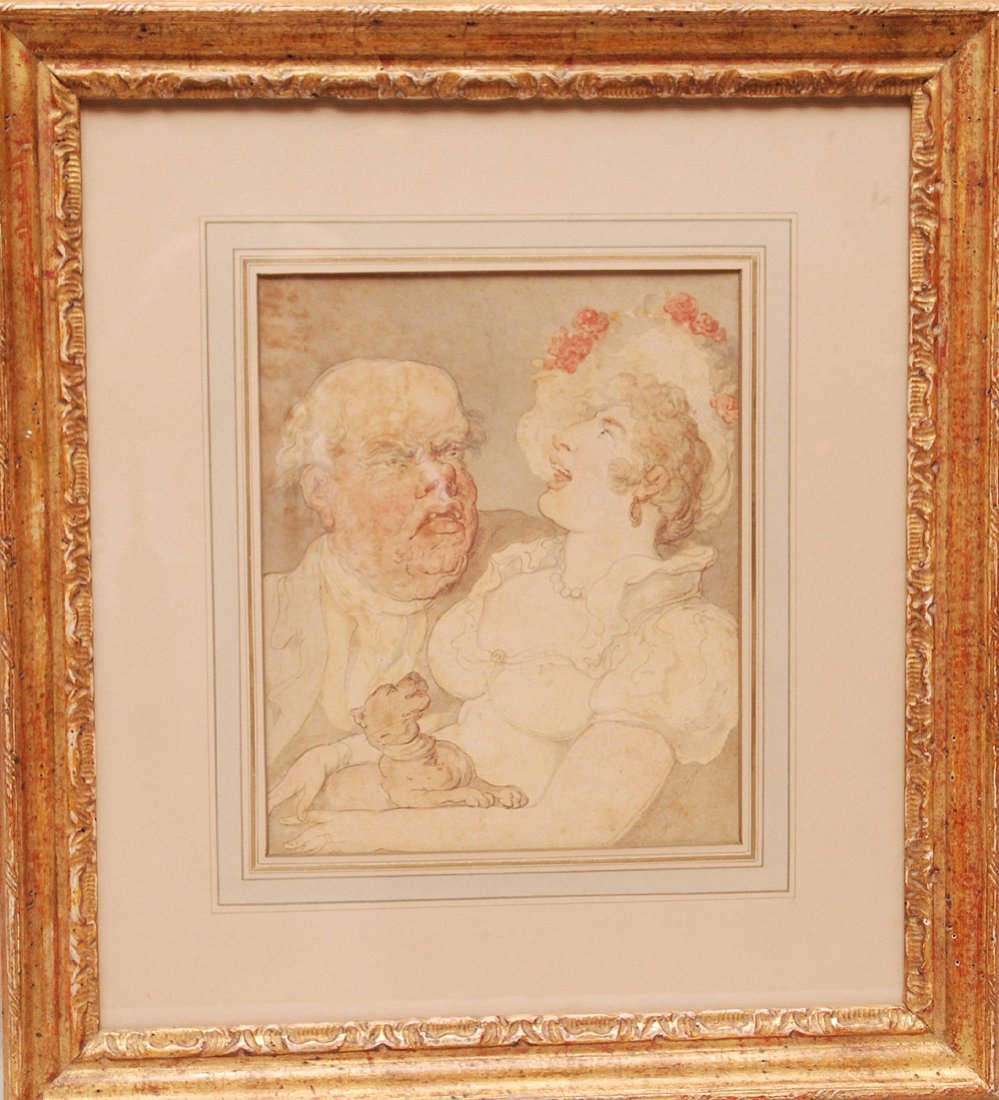 Thomas Rowlandson (1756-1827, Britain), ink/watercolor,: Thomas Rowlandson (1756-1827, Britain), ink/watercolor, man and woman with puppy on her lap, approx. 9" x 7"